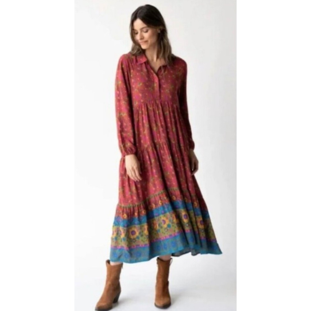 Natural Life Rebecca Midi Dress Sunflowers Boho Red Clay Long Sleeve Women's XS